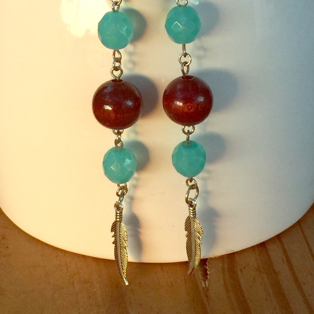 Turquoise Glass and Wood drop earrings